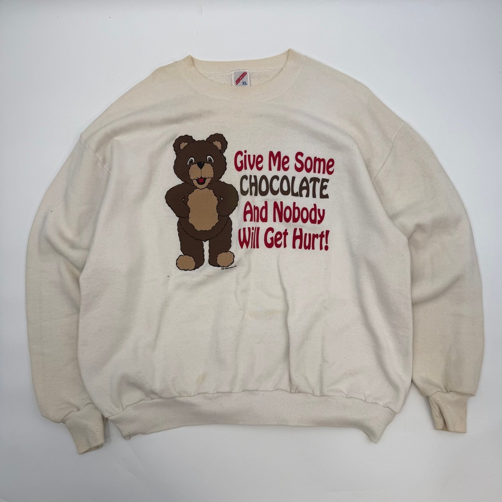 Jerzees Unisex XL Sweatshirt Cream Chocolate Bandit Bear Vintage Novelty
